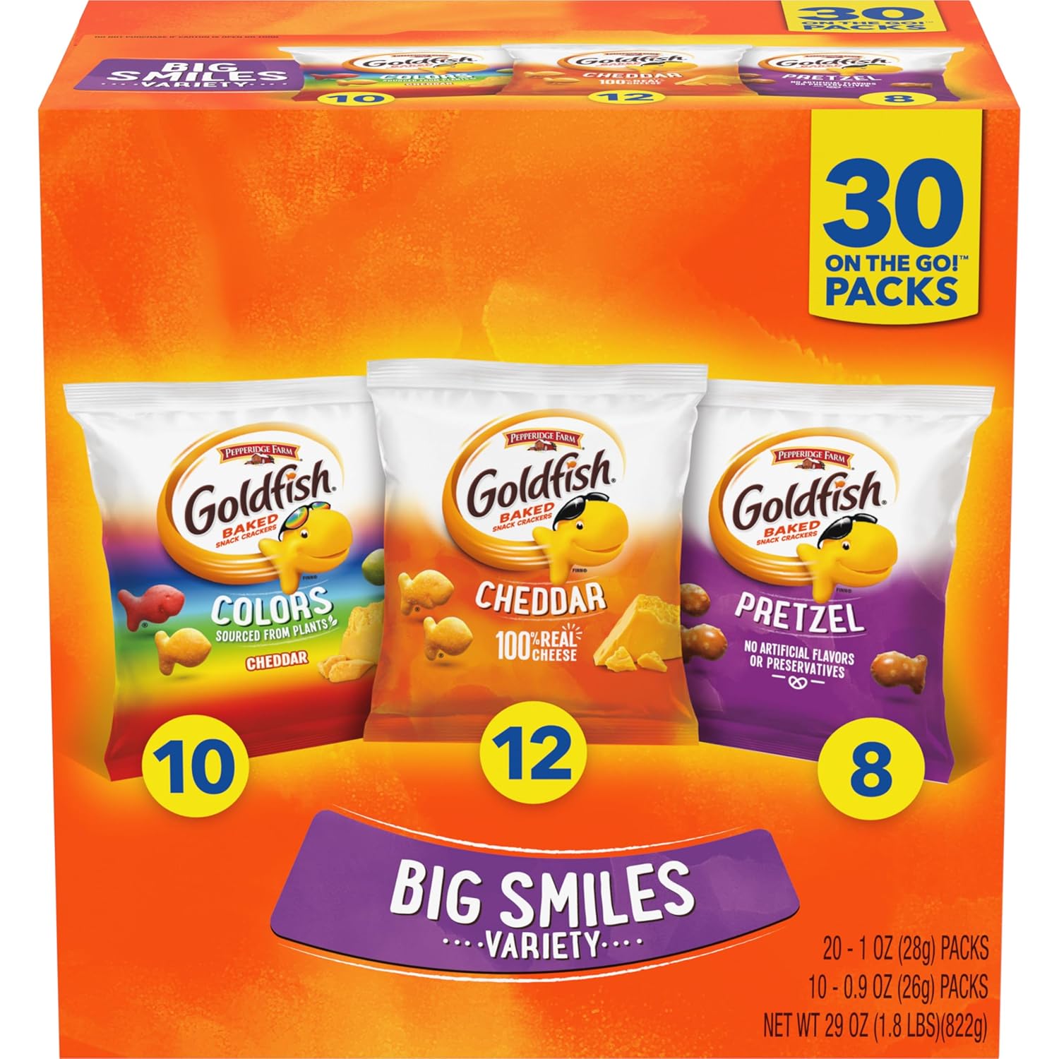  Goldfish Crackers Big Smiles Variety Pack With Cheddar, Colors, And Pretzels, Snack Packs, 30 Ct